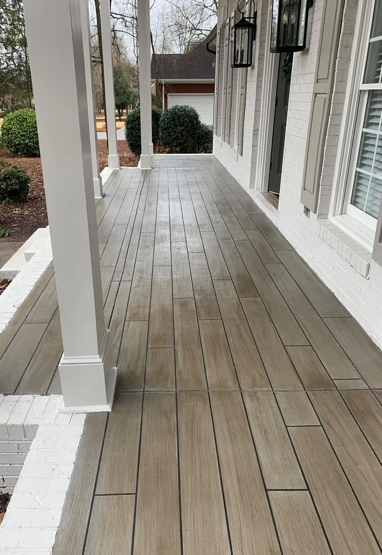 Wood-plank stamped concrete porch